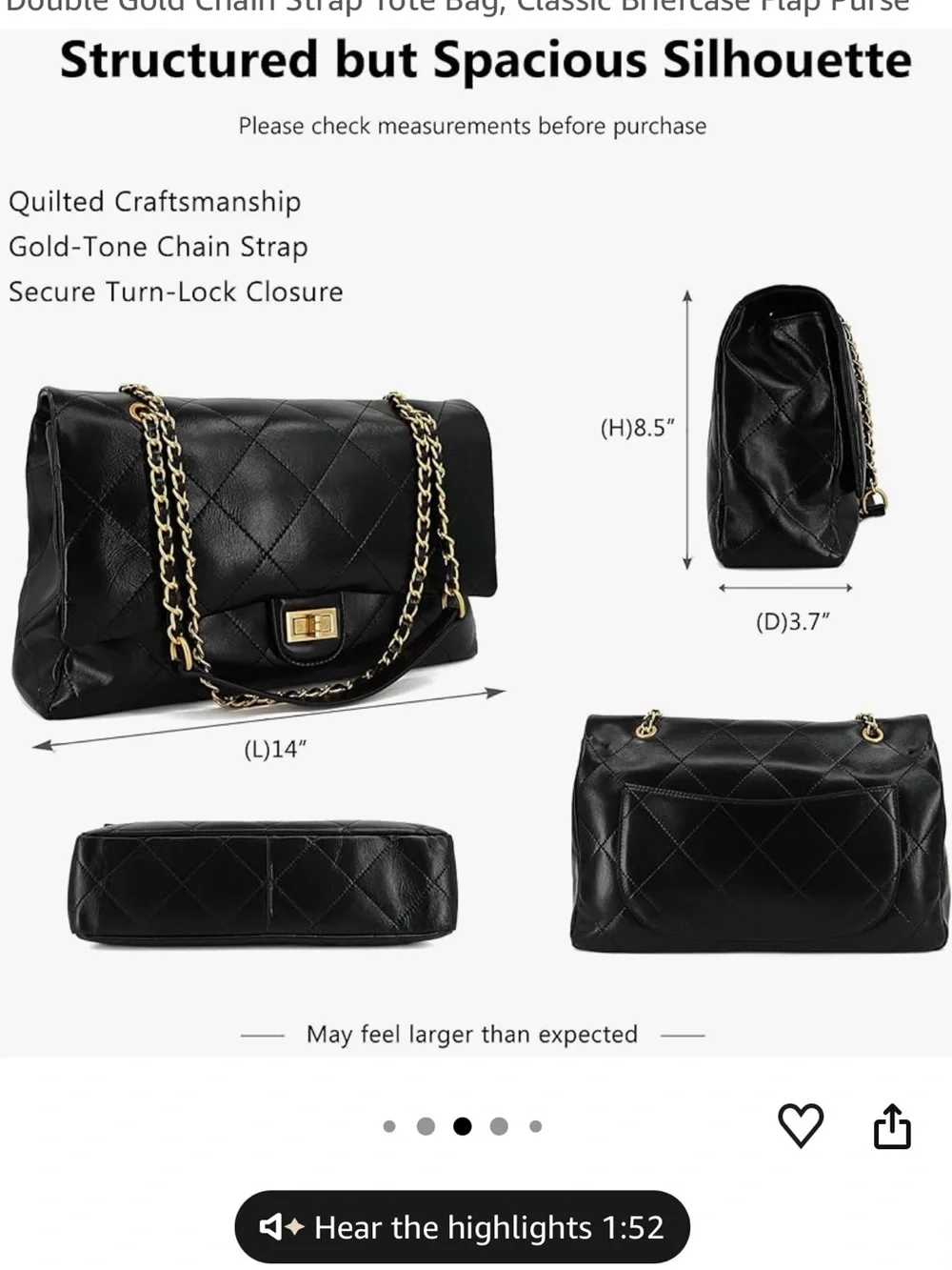 Large Black Quilted Shoulder Bag with Chain Strap - Picture 2 of 3